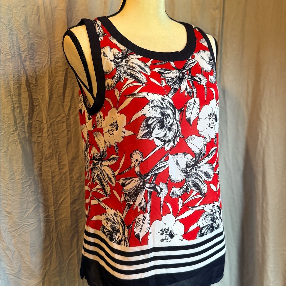 Floral Sleeveless Top - Red and Navy